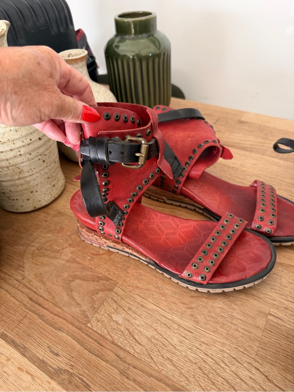 A.S.98 Red Leather Studded Ankle-Strap Sandals with Black Buckle